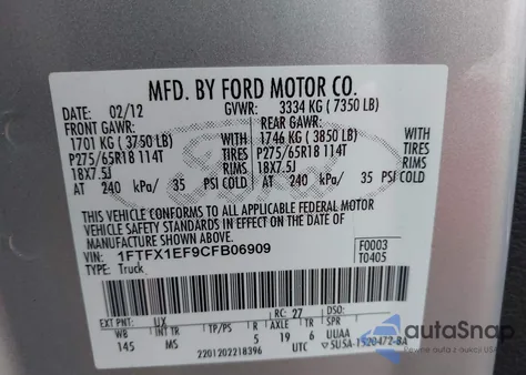 2012 Ford F-150 Xlt from USA, damaged, VIN 1FTFX1EF9CFB06909
